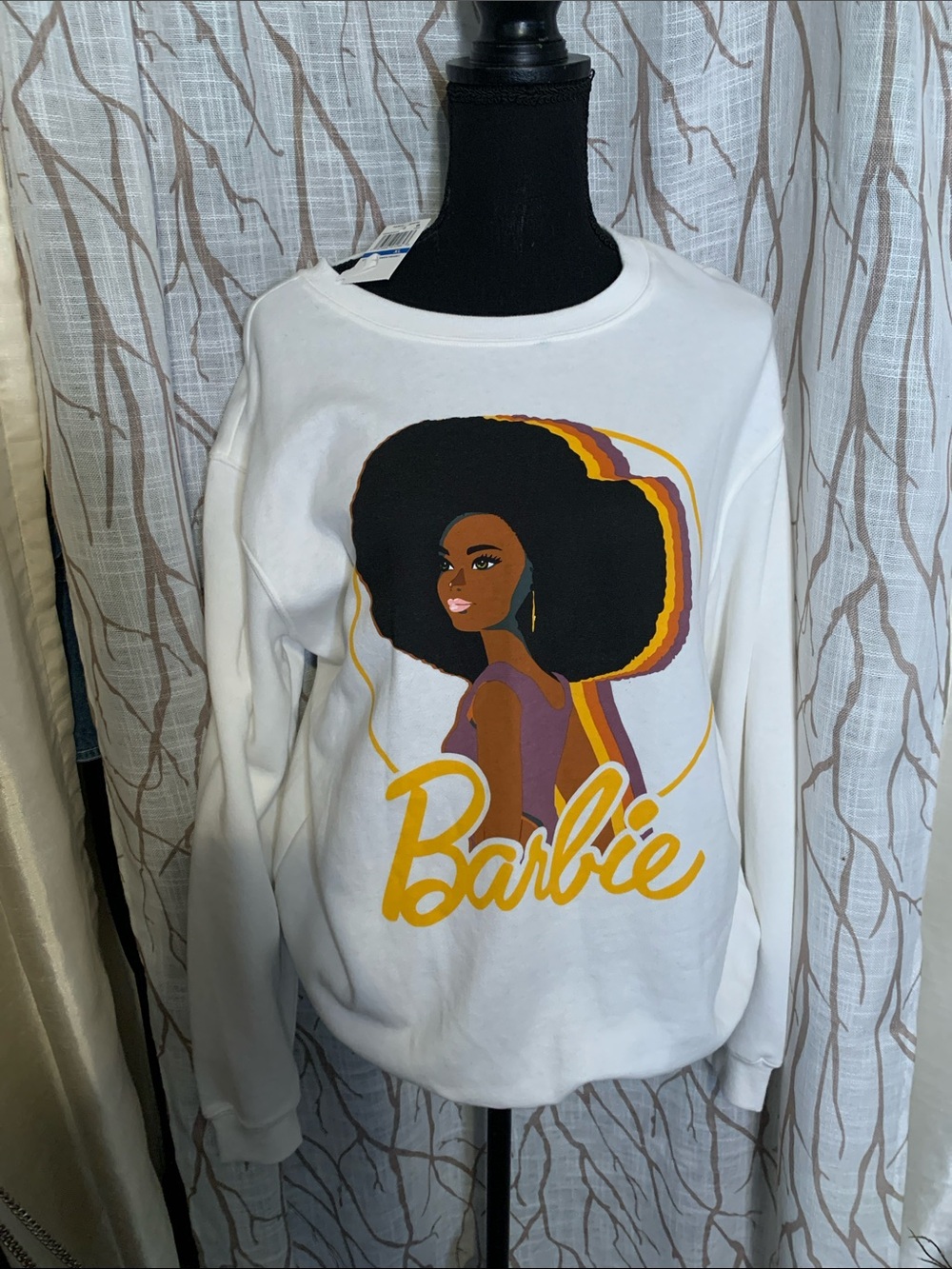 Barbie White Crewneck Sweatshirt with Afro-Graphic and Yellow Script